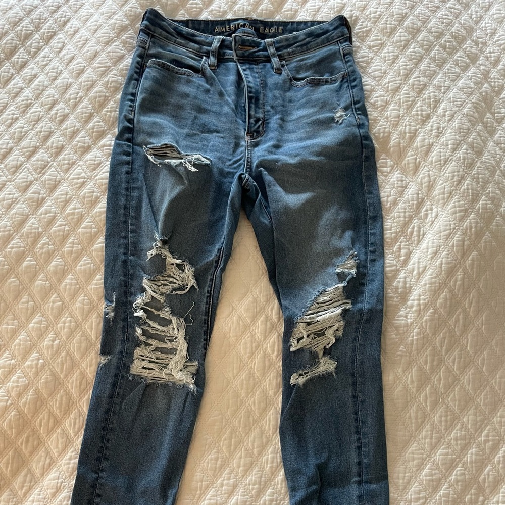 AE dark ripped jeans, super stretchy, high waisted